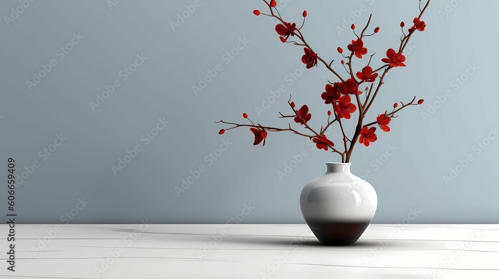 Vase with red orchid on the table with blank wall background Vase with red orchid on the table with blank wall background