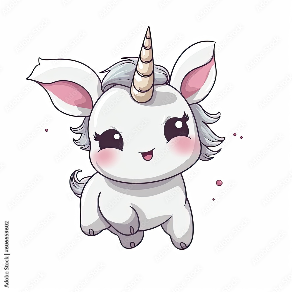 Cute unicorn cartoon set design. Cute baby unicorn illustration with happy faces. Baby unicorn collection with rainbow colors. Unicorn cub flying illustration on a white background. AI generated.