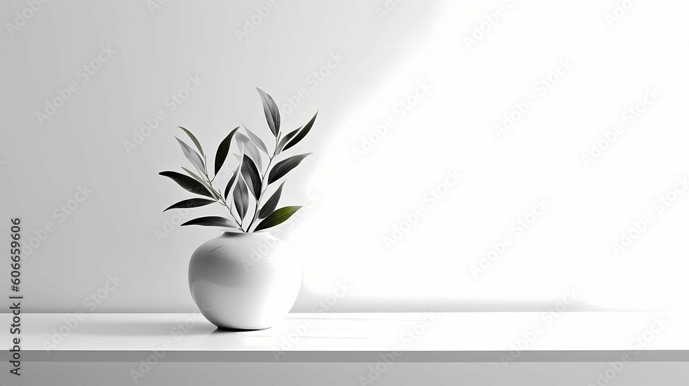 White vase with plant on the table with Grey blank wall copyspace. AI Generative Image
White vase with plant on the table with Grey blank wall copyspace. AI Generative Image