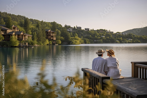 two people sitting on a bench looking at the water and buildings in the distance, with trees surrounding them all around. Generative Ai