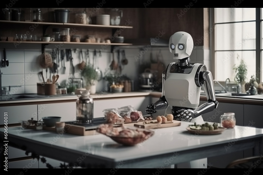 Futuristic Robot equipped with A.I. Humanoid machine cooks dishes very professionally. Concept of usefulness and versatility of A.I, artificial intelligence technology concept. Generative AI Futuristic Robot equipped with A.I. Humanoid machine cooks dishes very professionally. Concept of usefulness and versatility of A.I, artificial intelligence technology concept. Generative AI