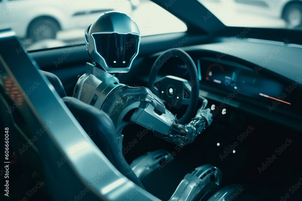 Futuristic Robot equipped with A.I. Humanoid machine drives a taxi car very professionally. Concept of usefulness and versatility of A.I, artificial intelligence technology concept. Generative AI Futuristic Robot equipped with A.I. Humanoid machine drives a taxi car very professionally. Concept of usefulness and versatility of A.I, artificial intelligence technology concept. Generative AI