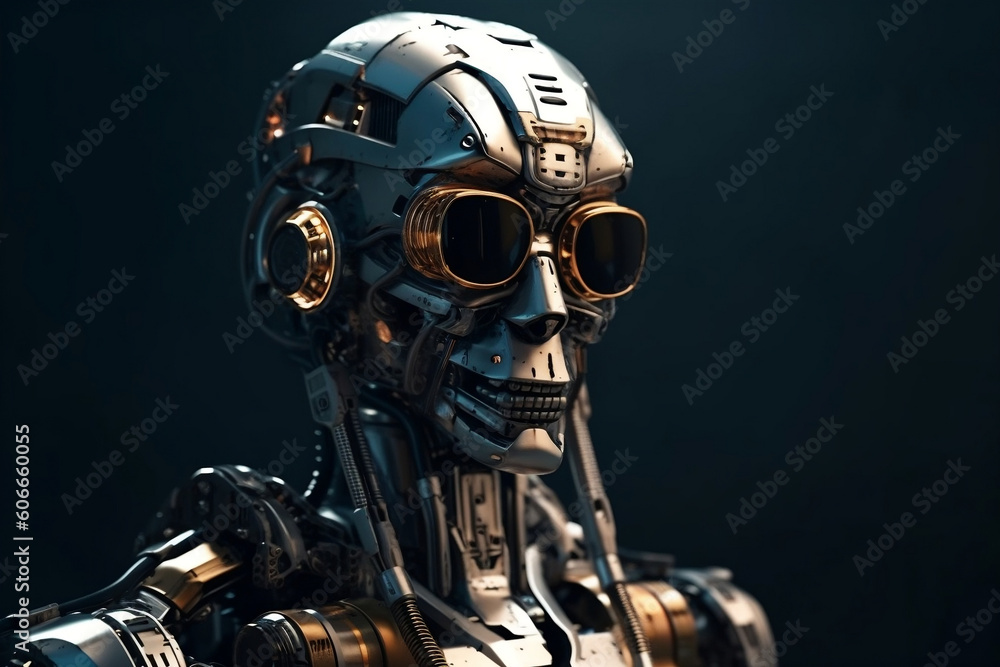 White metal futuristic robot in sunglasses and headphones. Robot with modern accessories. Futuristic AI robotic humanoid machine, artificial intelligence technology concept. Generative AI Technology.
