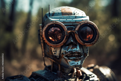 Welcoming old robot looking into the camera and trying to smile and be friendly. Futuristic AI robotic humanoid machine, artificial intelligence technology concept. Generative AI Technology.