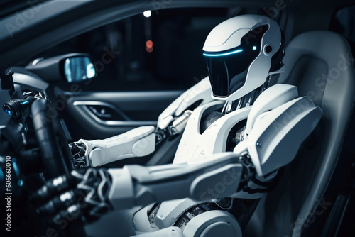 Futuristic Robot equipped with A.I. Humanoid machine drives a taxi car very professionally. Concept of usefulness and versatility of A.I, artificial intelligence technology concept. Generative AI