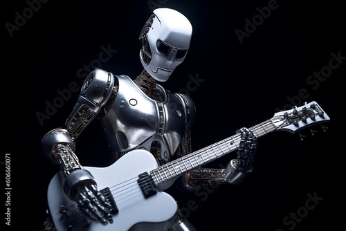 Futuristic Robot equipped with A.I. Humanoid machine plays acoustic guitar very professionally. Concept of usefulness and versatility of A.I, artificial intelligence technology concept. Generative AI