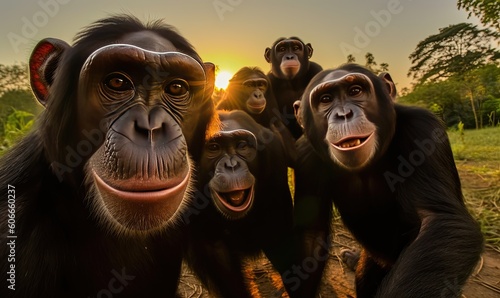Immerse yourself in the world of chimpanzees with a stunning photography selfie. Creating using generative AI tools © uhdenis