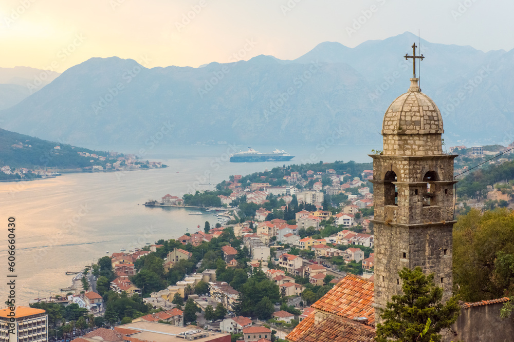 Bay of Kotor, Montenegro. Kotor is beautiful medieval town on Adriatic Sea, with cruise boasts, Venetian fortress, old tiny villages, and mountains