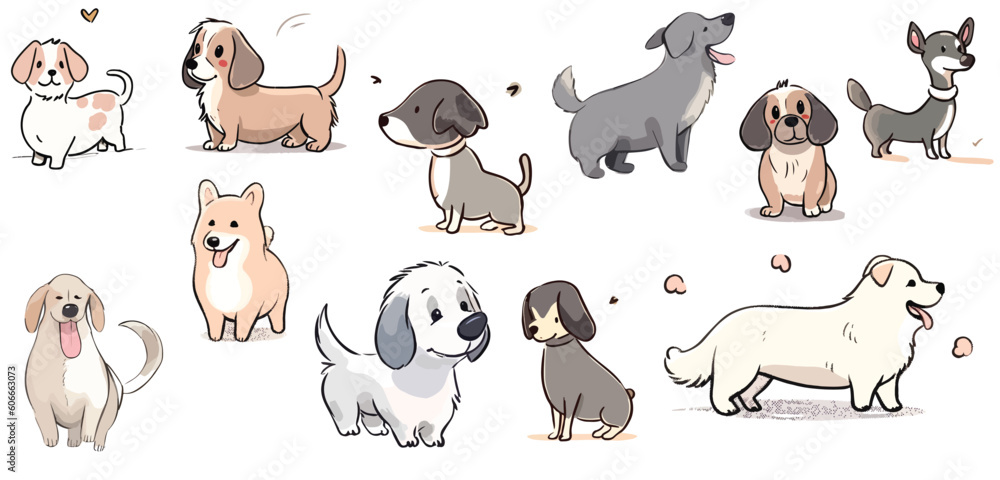 Εκτύπωση καμβά Different poses Cute cartoon dogs vector isolated white background, Happy poppy with smiling face for decoration and pets shop concept