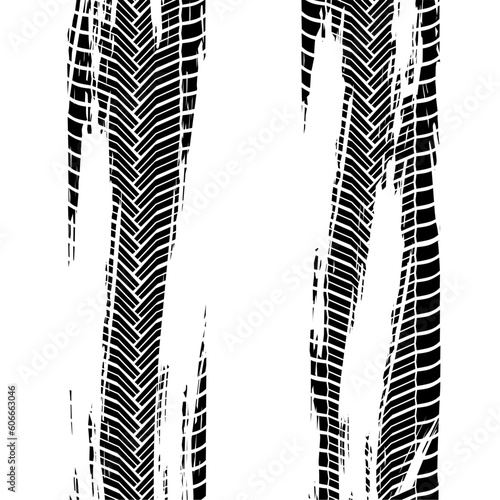 Vector illustration of two faded dirty grunge tire tracks. Car tire sign isolated on white background.