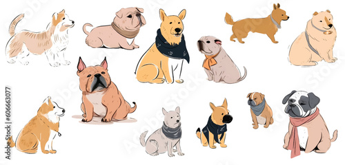 Hand drawn different poses dogs vector isolated white background