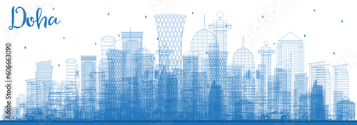 Outline Doha Qatar City Skyline with Blue Buildings. Business Travel and Concept with Modern Architecture.