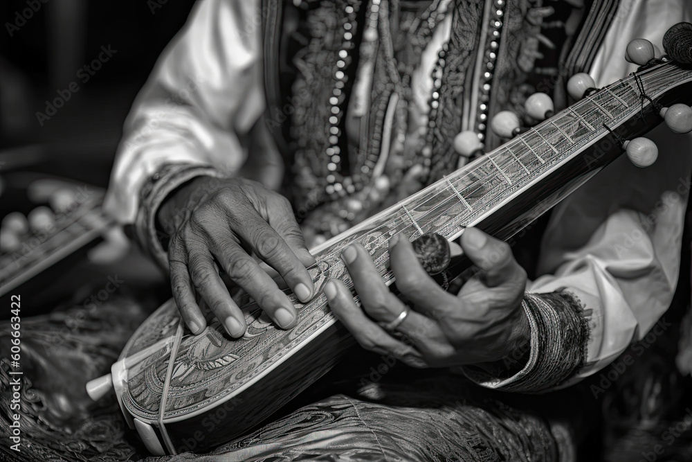an indian man playing the sitar guitar in black and white, with his