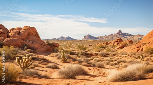  a desert landscape with rocks and cactus plants in the foreground and mountains in the distance with a blue sky in the background with a few clouds. generative ai