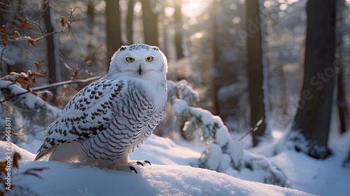  a snowy owl is sitting on a branch in the snow in a forest with trees and snow on the ground and the sun shining through the trees.  generative ai