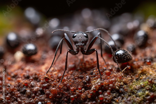 a close up of a ant walking on the ground. Macro photography of insect in natural environment. Generative Ai