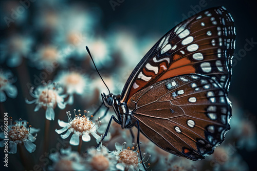 a butterfly sitting on top of some white flowers and looking into the camera lens to see what it's like. Generative Ai