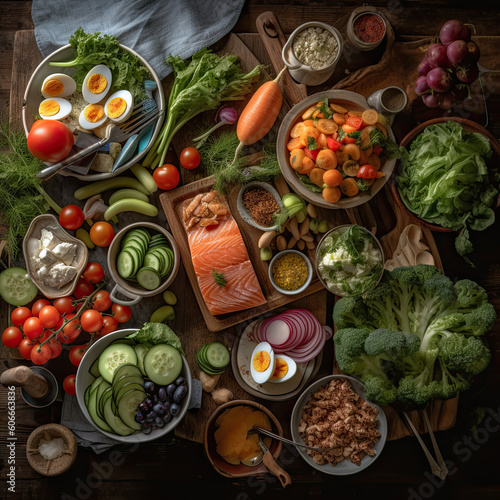 some food that is on a wooden table with vegetables and other foods in bowls, including eggs, tomatoes, carrots, cu. Generative Ai