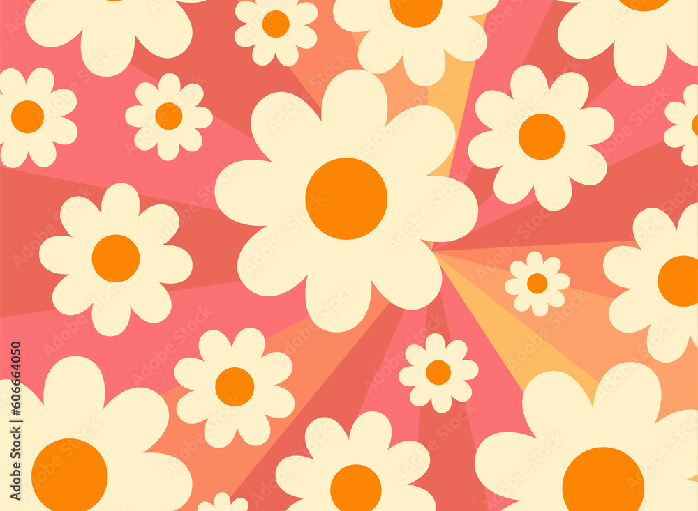 Daisy flower seamless patterns with funny happy daisy retro color backgrounds in trendy retro trippy y2k style.