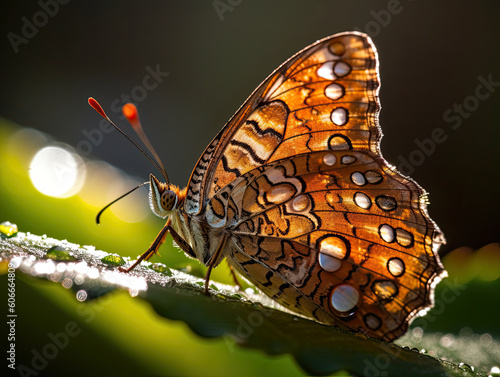 a butterfly with water droplets on it's wings sitting on a green leaf in the background is blurred light. Generative Ai photo