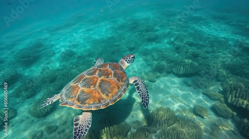 a green sea turtle swimming in the ocean with corals around it's edge, maldives islands, south pacific. Generative Ai