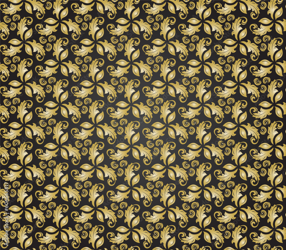 Floral vector ornament for wallpaper and packaging. Seamless abstract classic black and golden background with flowers. Pattern with repeating floral elements.