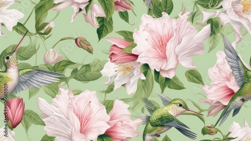 Seamless botanical floral pattern with flowers and hummingbird