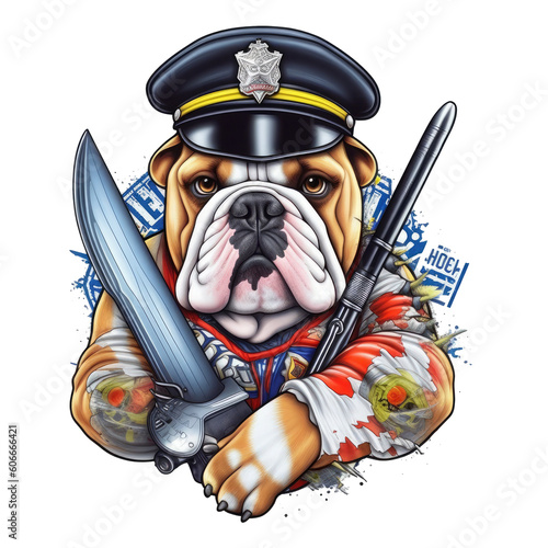 Police officer English Bulldog t-shirt design, An English Bulldog wearing a police hat and a bulletproof vest, holding a shield in one paw and a baton in the other, Generative Ai photo