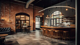 the inside of a restaurant with brick walls and exposed ceilings, black leather sofas, wooden bar stools. Generative Ai