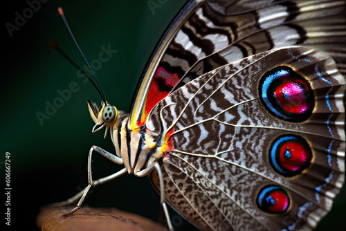 a butterfly with multi colored eyes on it's back legs and wings, sitting on a piece of wood. Generative Ai