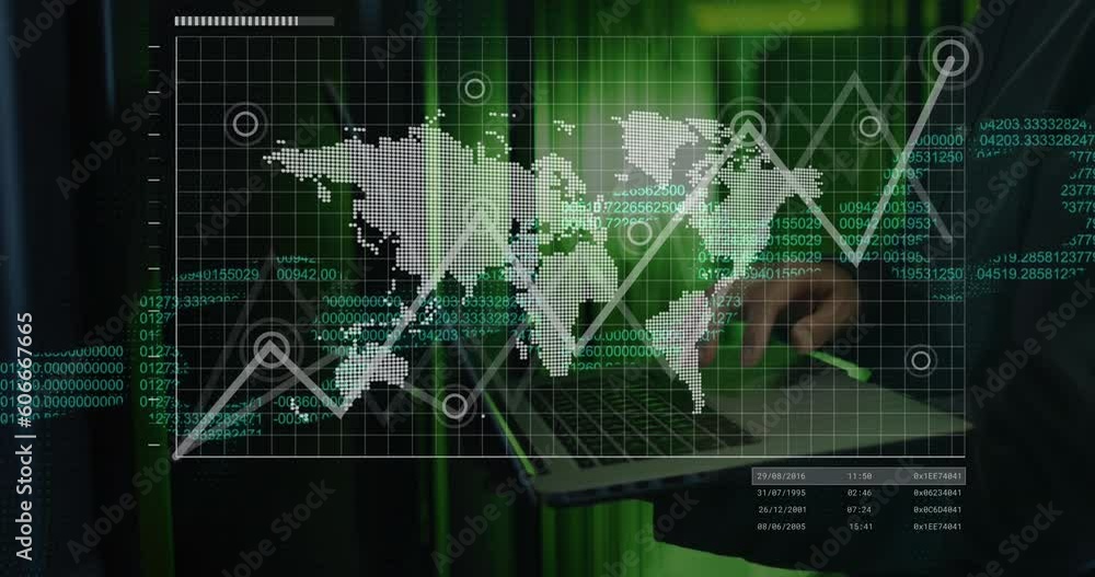 Animation of map, global, numbers forming blockchain, midsection of man using laptop in server room Animation of map, global, numbers forming blockchain, midsection of man using laptop in server room