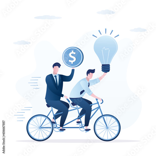 Two businessman's steering tandem bike. Co-founders on dual bicycle, new project, startup. Investor with money and entrepreneur with idea bulb. Business metaphor of successful teamwork,