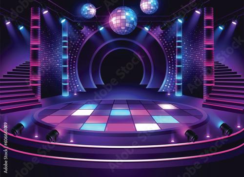 Colorful dance floor. Music stage. Disco ball show performance begin with lighting and audience. Concert illuminated by spotlights
