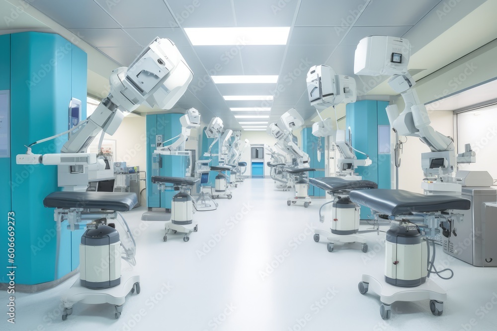 Team of robots working in a hospital setting. Generative AI Team of robots working in a hospital setting. Generative AI