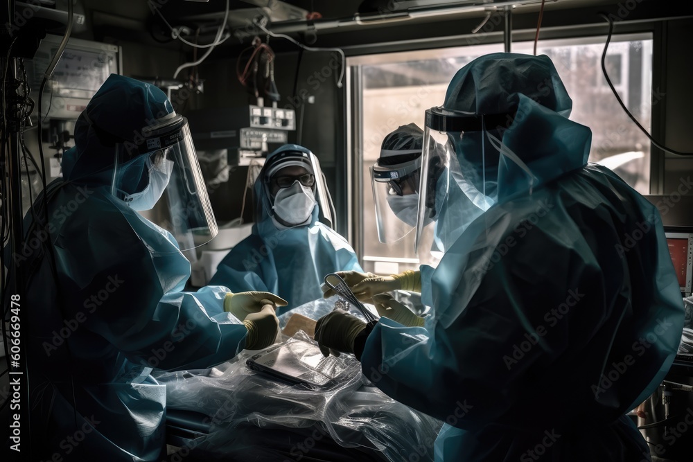 Scientific team in personal protective equipment caring for a unidentified object. Generative AI Scientific team in personal protective equipment caring for a unidentified object. Generative AI