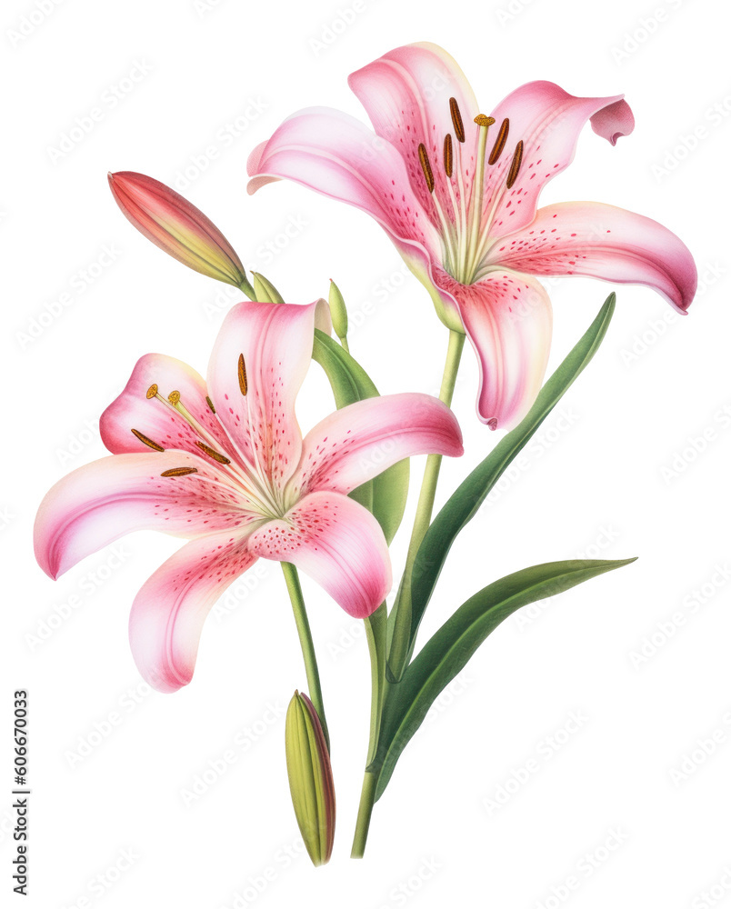 Pink lilies isolated. Elegant lily bouquet. Generative AI.