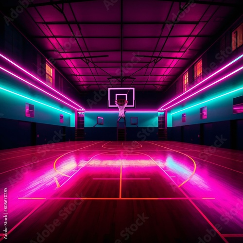 neon empty basketball court. Created with Generative AI technology.