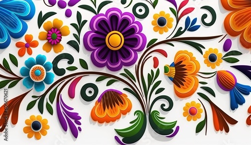 Mexican flower pattern in bright colors on a white backdrop. Generative Ai.