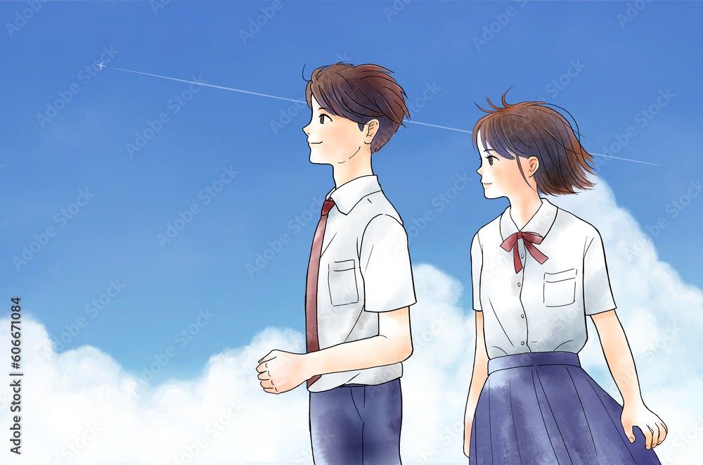 Φωτογραφία 夏服の男女の生徒　入道雲の背景（水彩風タッチ）