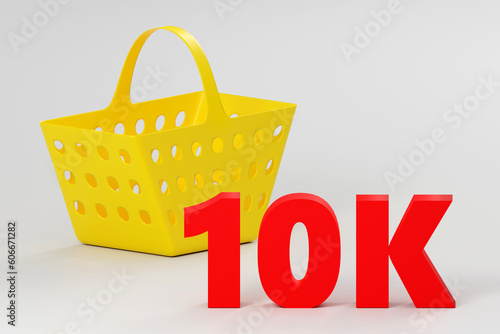 3d Grocery concept, a food basket with red text saying 10k next to it