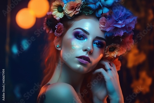 Sensual woman with body art and colored eyes and lips, flowers. Generative AI