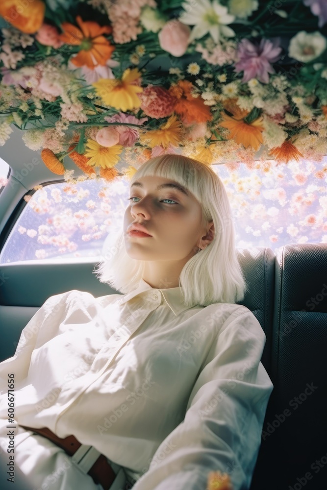 Φωτογραφία Young woman with white hair sitting in the car surrounded by flowers