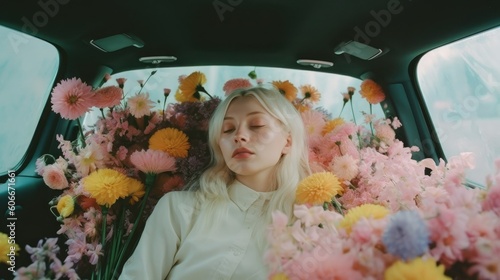 Young woman with white hair sitting in the car surrounded by flowers