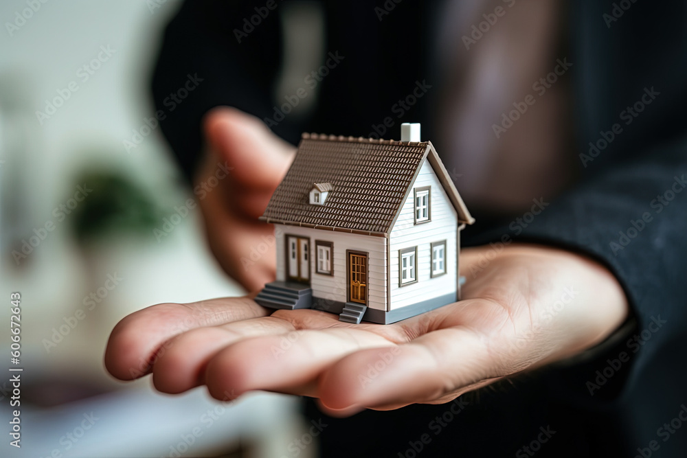 Hand of man holding model house. Mortgage, home loan, real estate insurance and banking concept. Generative AI Hand of man holding model house. Mortgage, home loan, real estate insurance and banking concept. Generative AI