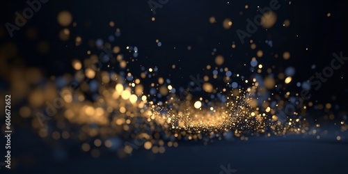 Abstract dark blue and gold particle backdrop. Christmas golden light shed bokeh particles over a background of navy blue. Gold foil appearance. holiday idea. Generative Ai.