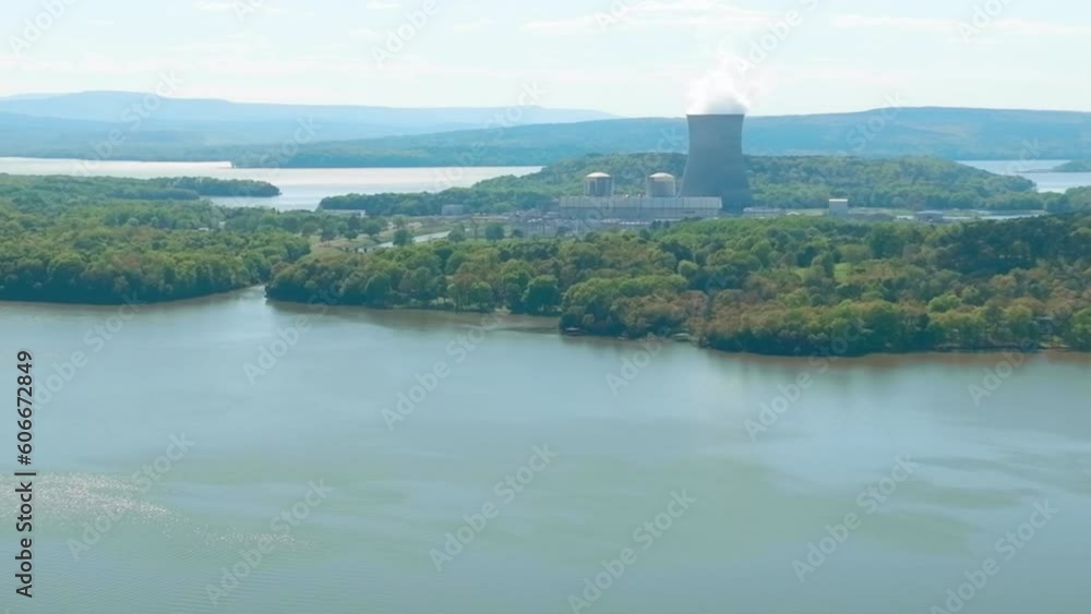 Cooling Tower, Arkansas Nuclear One On Lake Dardanelle In Arkansas, USA - aerial drone shot Cooling Tower, Arkansas Nuclear One On Lake Dardanelle In Arkansas, USA - aerial drone shot