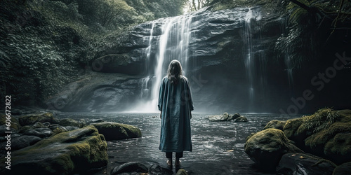 a woman standing in front of a waterfall, with her back to the camera she is wearing a blue robe. Generative Ai