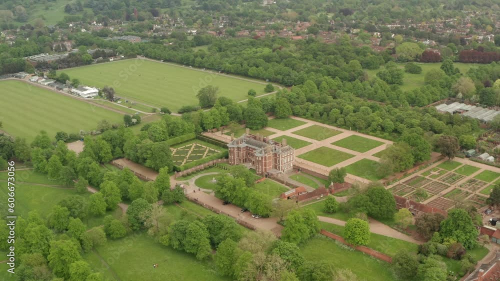 Pan up aerial shot from Ham house towards London skyline Pan up aerial shot from Ham house towards London skyline