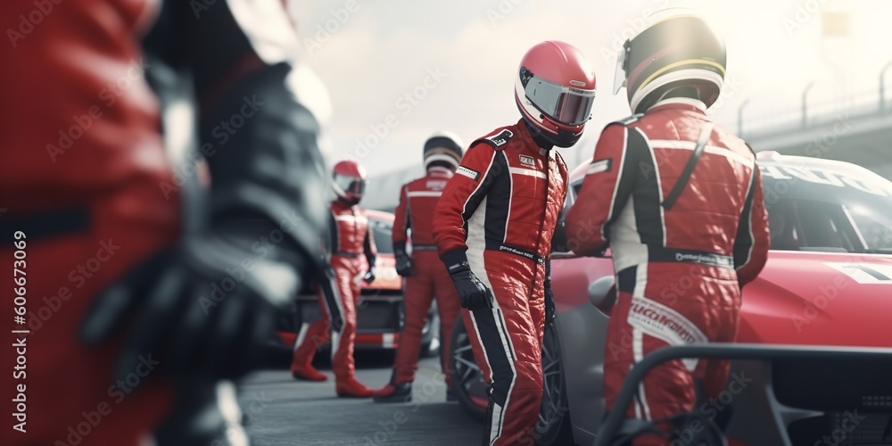 Ultimate collaboration depicted by a professional pit crew as their team's racing vehicle enters the pit lane during a pit stop during an automobile race. Generative Ai. - obrazy, fototapety, plakaty 