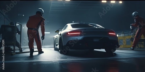 Ultimate collaboration depicted by a professional pit crew as their team's racing vehicle enters the pit lane during a pit stop during an automobile race. Generative Ai. © Concept Killer